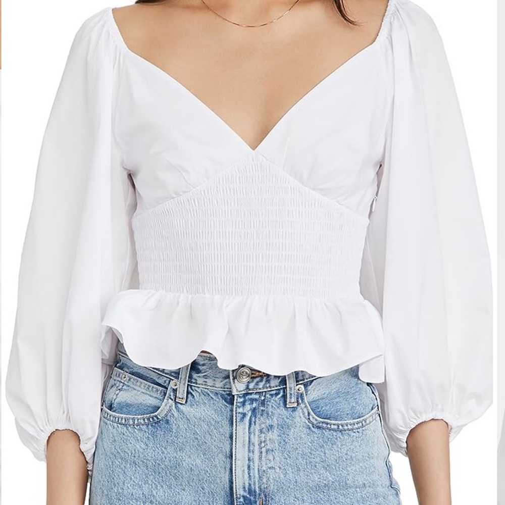 STAUD White Smocked Peplum Puff-Sleeve Blouse